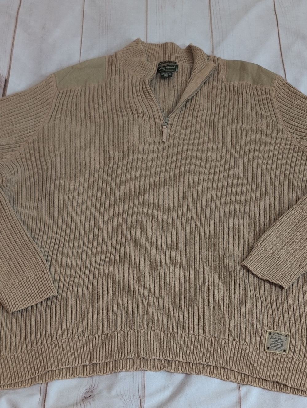 Eddie Bauer 3XLT Tall Quarter Zip Sweater Mens Beige Ribbed Elbow Patch Cotton